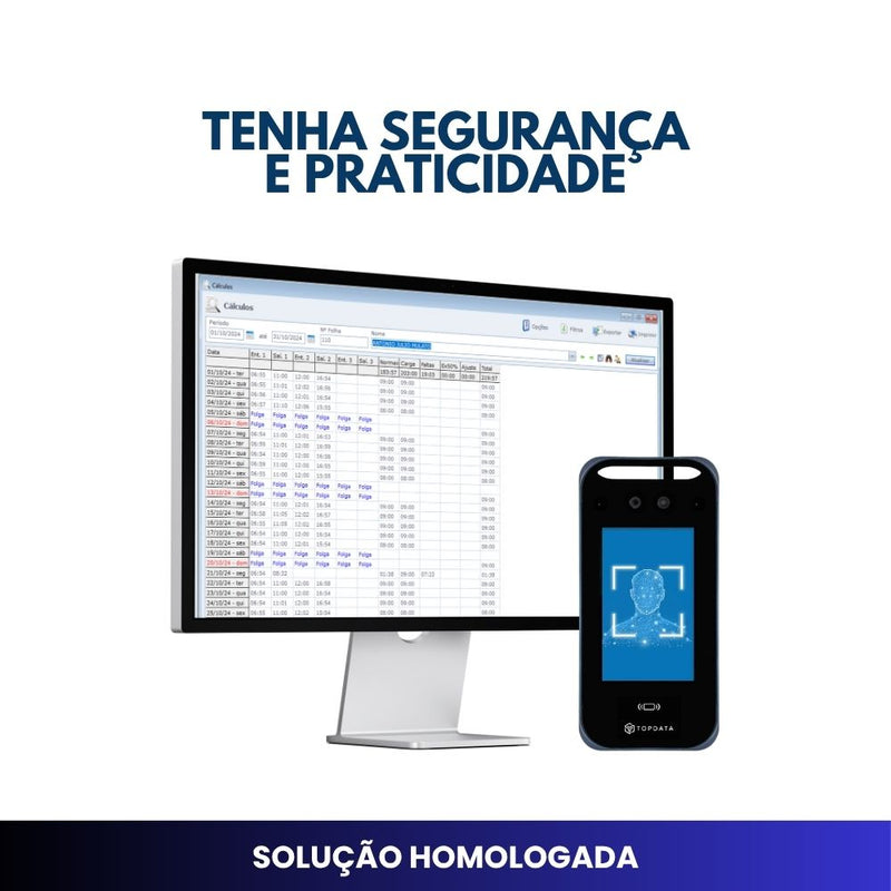 Relógio de Ponto Facial TopData F4 + Secullum Offline 30 Colaboradores para 1 Ano