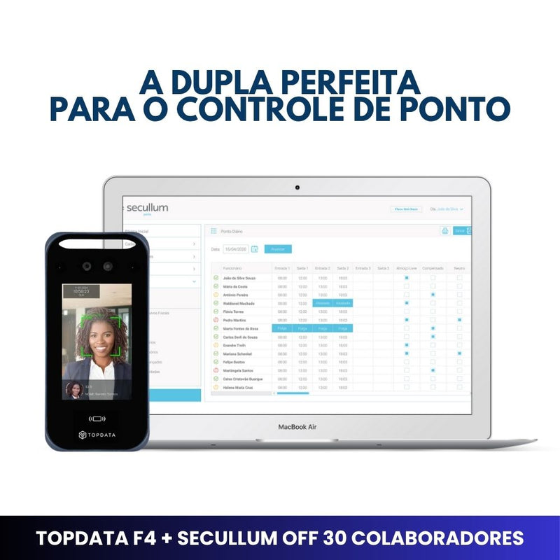 Relógio de Ponto Facial TopData F4 + Secullum Offline 30 Colaboradores para 1 Ano